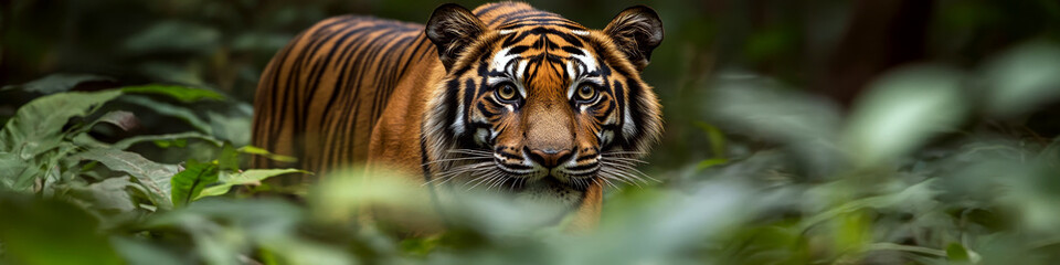 Fototapeta premium A tiger prowls through lush green foliage, its eyes focused intently. Concept of wildlife and nature. For animal-themed projects or educational material.