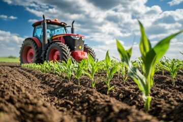 Fototapeta premium Tractor on a field of young corn plants under a blue sky with white clouds in a rural landscape agriculture industry farm equipment