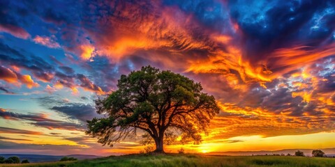 Obraz premium Sunset's fiery embrace silhouettes a majestic tree, a breathtaking panoramic landscape.