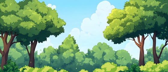 Trees in a forest with green tops and a blue sky background  -