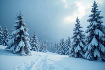 Heavy snow falls, lifting to show snow-dusted pines beneath gloomy clouds , forest, nature
