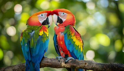 Obraz premium Two colorful macaw birds perched together, showing affection -
