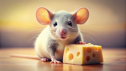 Fototapeta premium Minimalist Mouse Portrait with Cheese Decorations: Cute Rodent Art