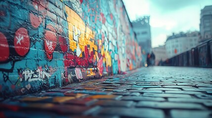 Fototapeta premium A vibrant urban scene showcasing colorful street art on a cobblestone path with a moody atmosphere and blurred figures in the background. Copy space, commercial use