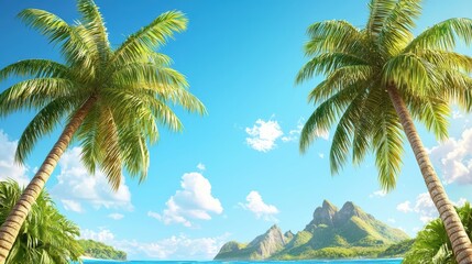 Serene Tropical Landscape with Palm Trees and Clear Blue Skies at Sunset Vibes