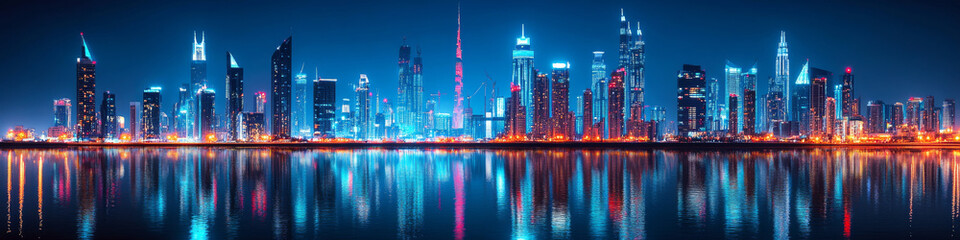 Obraz premium City skyline with illuminated skyscrapers reflecting in calm water under a dark sky. Concept of urban nightlife and reflections. For travel-related content.