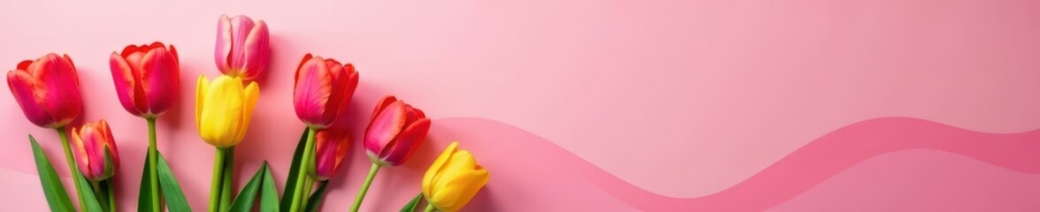 Naklejka premium Pink background, colorful tulips arranged with abstract shapes, spring theme , Easter, pastel, picture