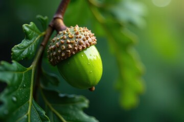 Rain-slicked green acorn clinging to oak branch , image, detail
