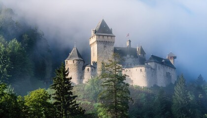 Naklejka premium A medieval castle surrounded by dense fog and trees, evoking mystery and adventure 