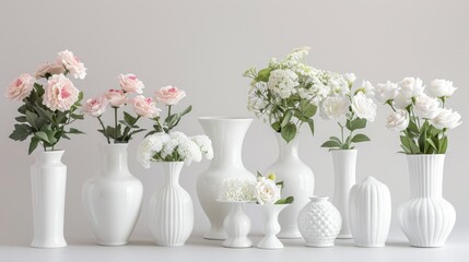 Fototapeta premium White Vases: Clean, classic, and refined, these vases offer a perfect pairing for flowers, adding grace and elegance to your decor with their timeless appeal. 