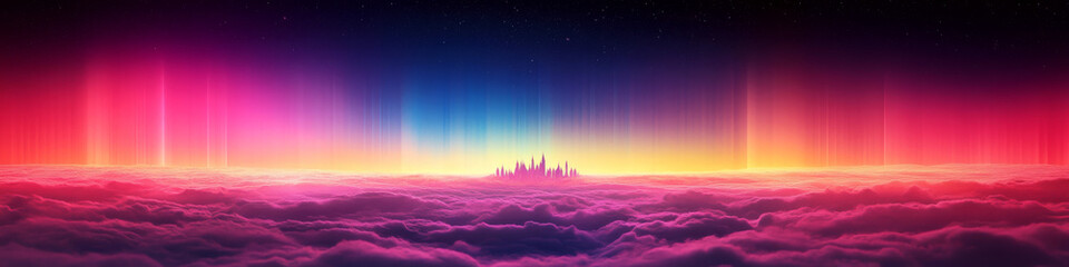 Obraz premium City skyline emerges through vibrant, multicolored clouds under a dark sky. Concept of fantasy, mystery, and futuristic landscapes. For digital art backgrounds.