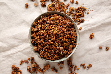 Homemade Healthy Chocolate Granola in a Bowl, top view.