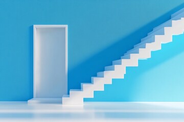 Obraz premium White steps to a bright door in a light blue room
