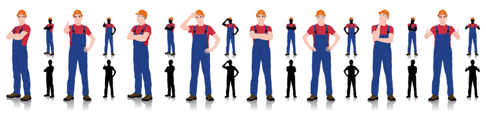 Set of male construction worker in different poses, wearing red shirt, blue overalls, and orange hard hat. Different color and silhouette versions. Vector Flat Style Illustration Isolated On White