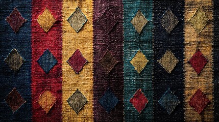 Vibrant handwoven textile with rhythmic stripes and diamond texture