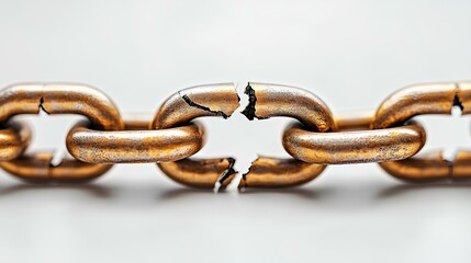 broken golden chain, in the style of hyper-realistic, on a white background. Conceptual design for freedom and breaking free from constraints or  barriers