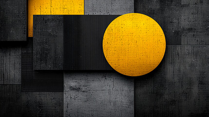 Mustard and Slate Layered Brushstroke Art with Halftone Circles and Grunge Patina for Abstract Wallpaper
