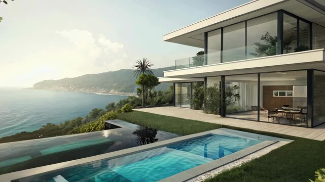 Modern beachside villa with infinity pool overlooking scenic coastline and lush greenery, 4k video