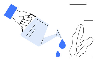 Hand pouring water drops from a watering can onto a growing plant. Ideal for sustainability, growth, care, nurturing, gardening, environmental awareness, growth management. Flat simple metaphor