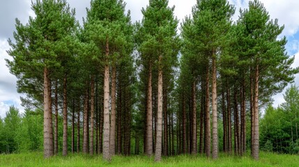 Fototapeta premium Uniform Row of Tall Pine Trees Under a Cloudy Sky