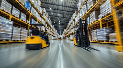 Efficient Warehouse Operators Moving Goods in a Brightly Lit Industrial Space with Forklifts Enhancing Productivity and Workflow