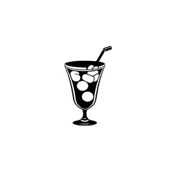 Iced cocktail served in a decorative glass, with a straw and ice cubes.