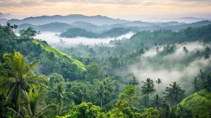 Obraz premium Misty morning in lush green tropical mountain valley.