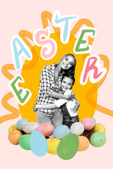 Template sketch composite artwork collage of seasonal springtime easter religion mom hugs daughter bonding feast holiday festive eggs