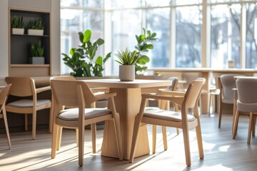 Bright contemporary workspace: Stylish wooden furniture and green plants fill an airy office interior
