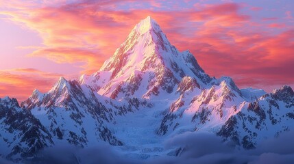 Majestic snowcapped mountain against a vibrant sunset sky