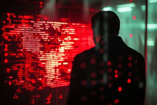 Silhouette figure contemplates red data screen security threat analysis