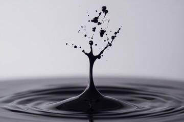 Black ink drop impacts surface, creating liquid sculpture and concentric water rings on gray background