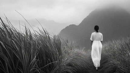 In a misty meadow with mountains in the background, there is a woman standing in tall grass with mountains behind her. Black and white tones to emphasize the details and create a mysterious atmosphere
