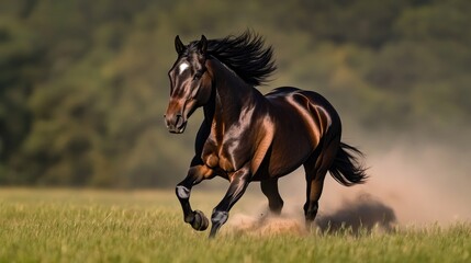 Powerful horse gallops through vibrant green field, mane flowing