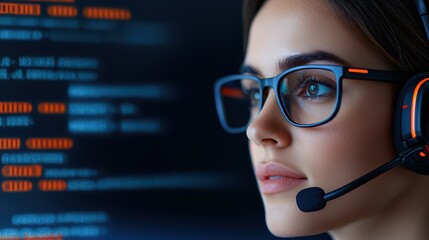 Dynamic Customer Service Representative in Action with Headset and Computer Screen