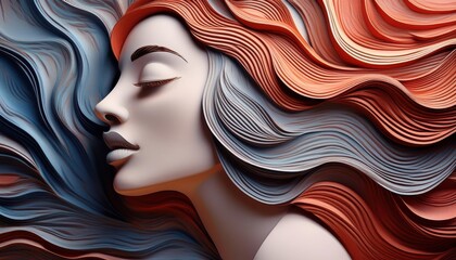 Empowering portrait of a woman with flowing hair in red and gray clay undertones, showcasing beauty and strength in a creative artistic expression