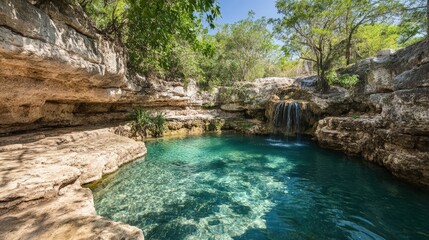 Naklejka premium Serene Waterfall Pool Nestled Within Lush Tropical Rocks