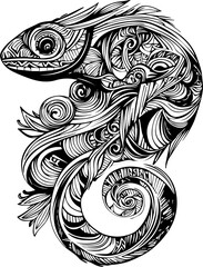 SVG vector features zentangle animal designs. Artistic Black and White Chameleon Illustration Design