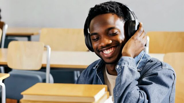 Smiling young man listening to music with headphones in casual denim jacket, enjoying relaxed moment indoors, 4k video
