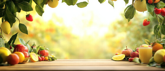 vibrant display of fresh fruits and leaves on wooden table, with glass of juice, set against blurred natural background