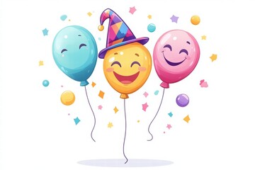 emoji smiley face balloons and jester hat on a white background. April Fool's Day