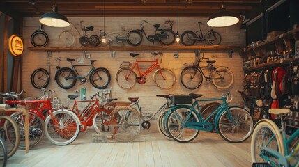 vintage bicycle shop showcasing classic bikes hanging on a brick wall and displayed on the floor with a warm inviting lighting atmosphere