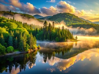 Fototapeta premium Misty Summer Morning in Mont Tremblant National Park: Scenic Mountain Landscape Photography