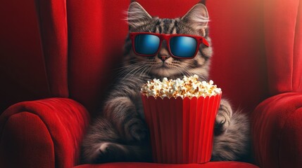 furry film fanatic a tabby cat in red 3d glasses enjoys popcorn in a plush red armchair ready for a cinematic adventure at the movie theater