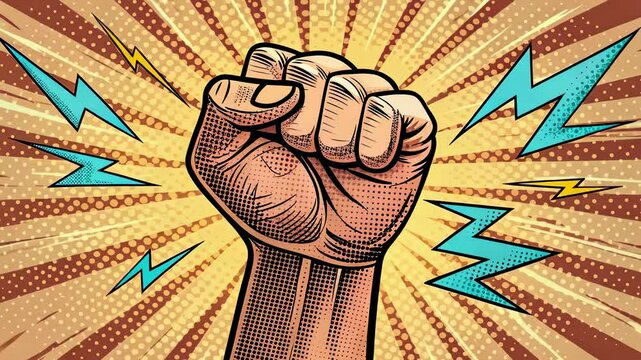 Pop art raised fist with thunderbolts symbolizing power and revolution in vibrant retro colors, 4k video