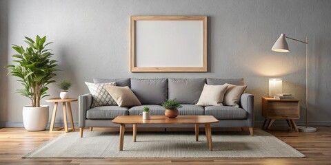 Modern Gray Sofa Living Room Interior Design - Blank Frame Above - Cozy Home Decor