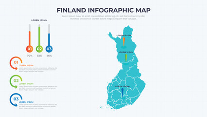 Infographic Map of Finland. Finland country map infographic colored vector template with regions and pointer marks.