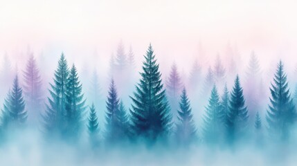 Obraz premium Serene Evergreen Forest: The majestic, towering evergreen trees stand shrouded in a tranquil, ethereal mist with soft hues of blue and purple.