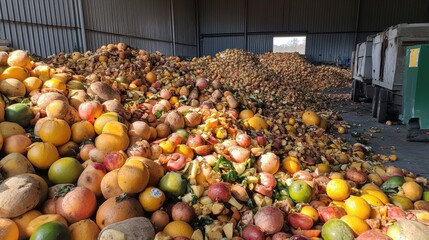 Massive Pile of Rejected Fruits and Vegetables in a Warehouse
