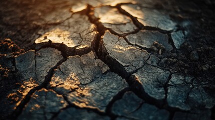 Cracked earth illuminated by golden sunlight